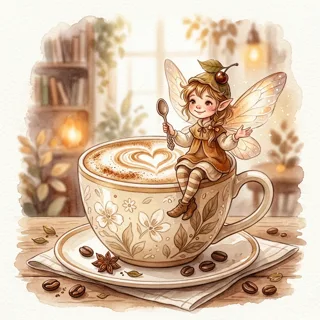 Aquarell der Kaffee-Fee auf einer Cappuccino-Tasse