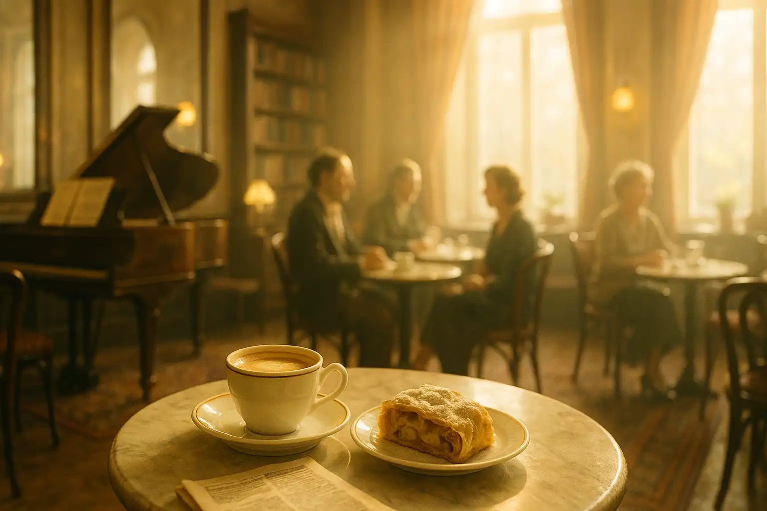 Kaffeehaus mit Piano und Porzellan